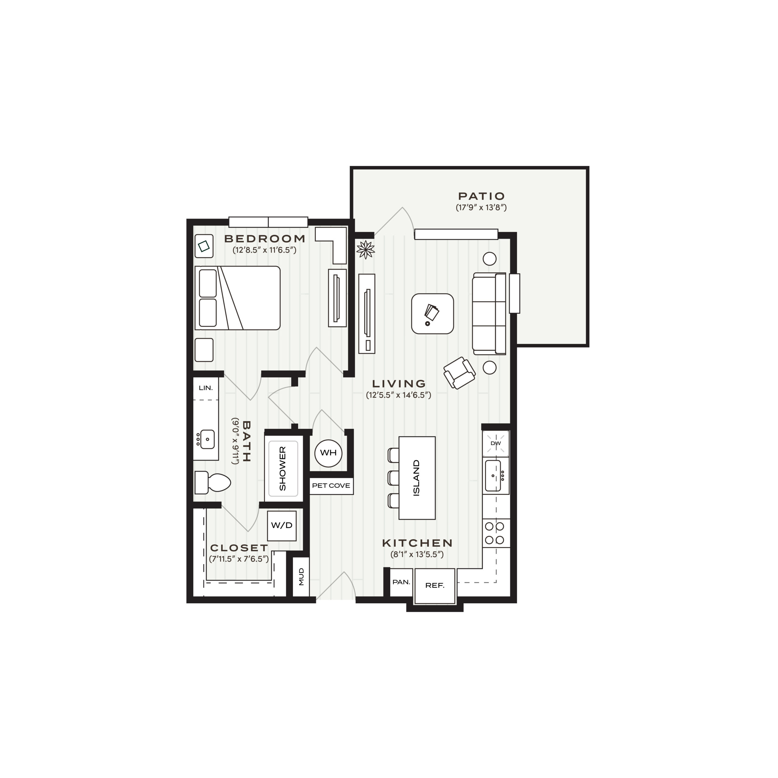 Rendering of the A2.1 floor plan with 1 bedroom[s] and 1 bathroom[s] at Soltra Bear Creek
