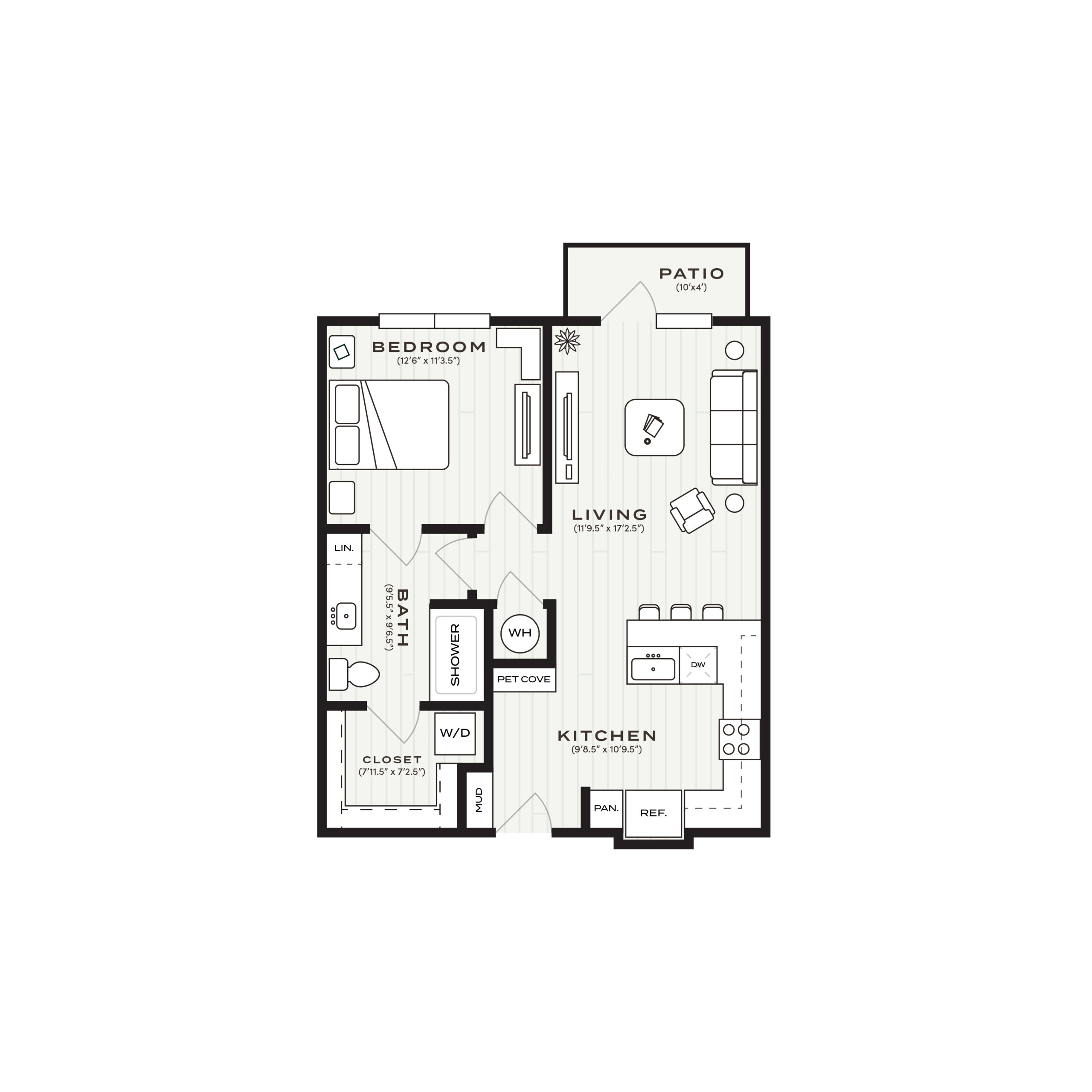 Rendering of the A1 floor plan with 1 bedroom[s] and 1 bathroom[s] at Soltra Bear Creek