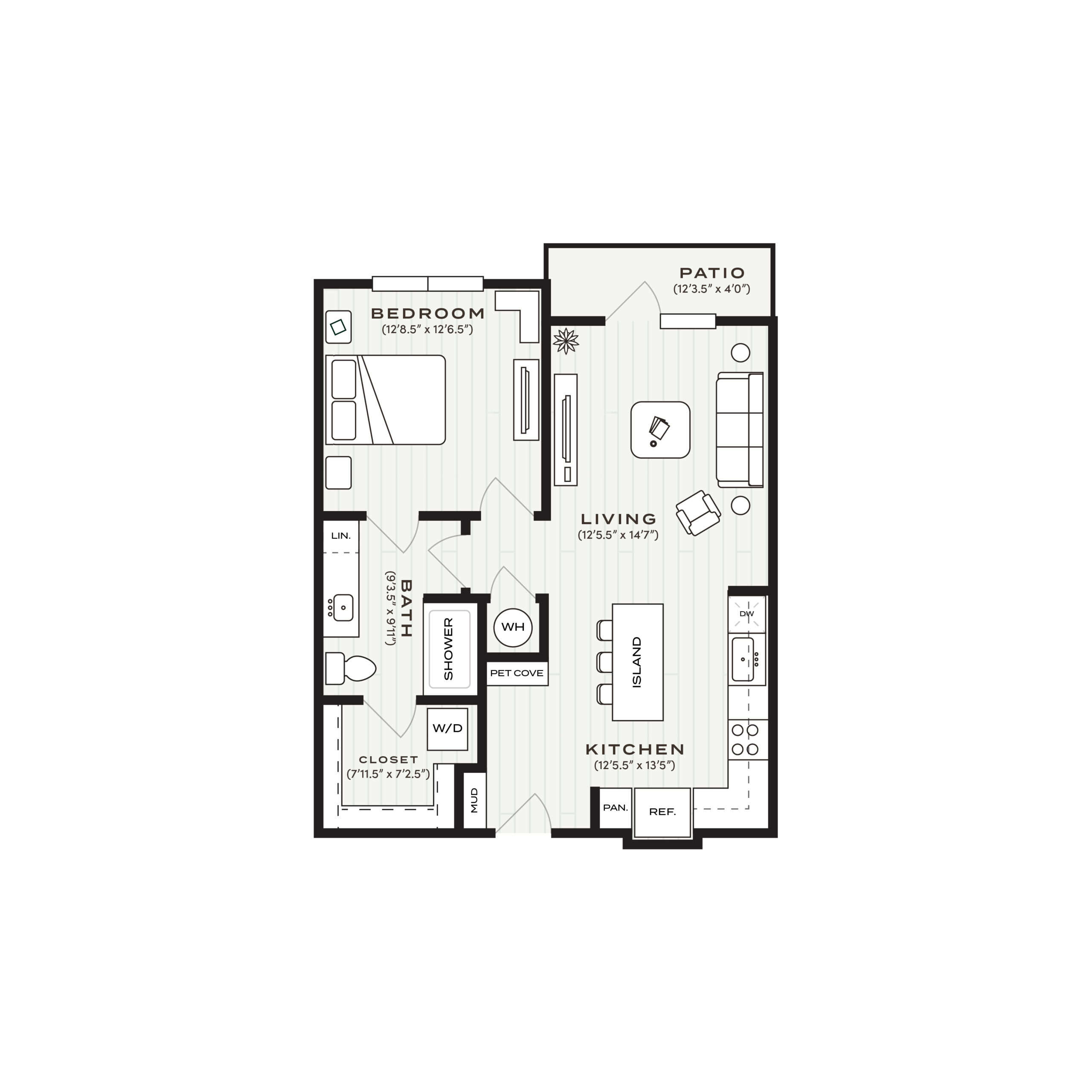 Rendering of the A2 floor plan with 1 bedroom[s] and 1 bathroom[s] at Soltra Bear Creek